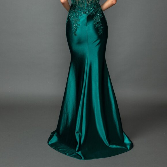 New Off Shoulder Maxi Prom Gown w/ Floral Lace Over Sheer Boned Bodice DQ 4540 - Picture 6 of 9